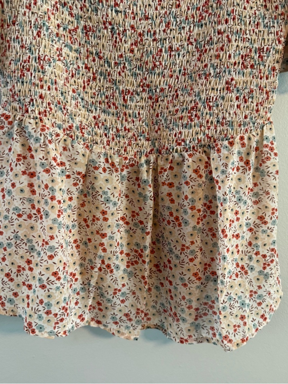 Beige Floral Smocked Square-Neck Peplum Blouse - Picture 3 of 8